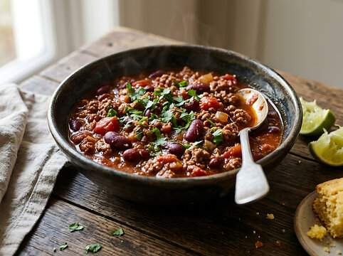 A steaming bowl of homemade beef chili with kidney beans and fresh cilantro served on a rustic wooden table.