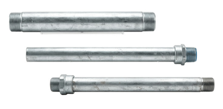 Stainless steel threaded conduit pipes with threaded ends on white