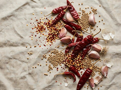 Top view of dried red chili peppers, garlic cloves, and coriander seeds on a linen background.