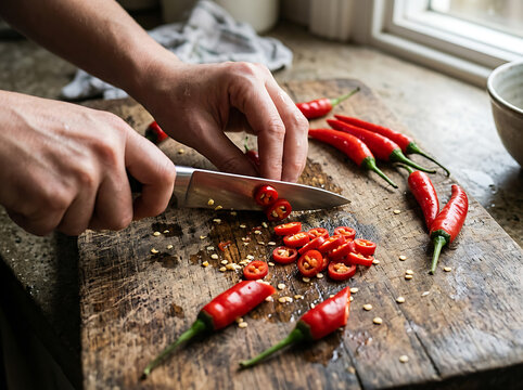 Close up of a person hands slicing fresh red chili peppers on a rustic wooden cutting board in a kitchen.