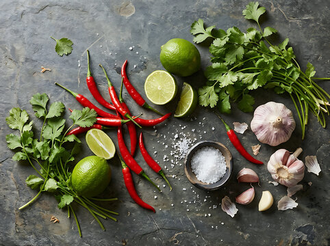 Fresh ingredients for spicy salsa including lime chili peppers cilantro garlic and sea salt.