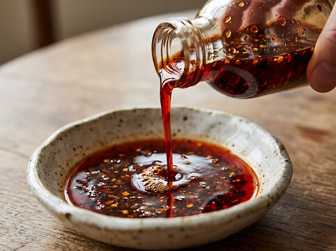 Spicy chili oil being poured from a glass bottle into a ceramic dipping bowl.