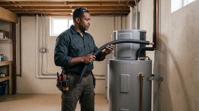 Installer plans pipework for a heat pump water heater