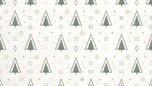 Modern minimalist Scandinavian Christmas wrapping paper in 16:9, geometric abstract Christmas trees with black outlines, sage green and gold dots on textured off-white background with subtle modern sy