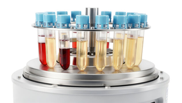 Closeup of a centrifuge gently spinning several citrate tubes highlighting sample processing for Ddimer blood tests crucial for detecting clotting abnormalities on a clean white