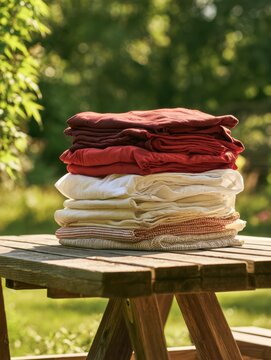 A stack of neatly folded clothes sits on a wooden garden table surrounded by a blurred green garden background in natural light.