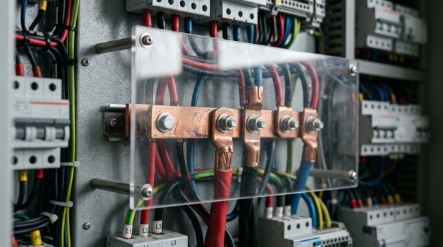 A close-up view inside a complex fuse box reveals copper busbars, multicolored wires, protective clear plastic shield, and electrical components arranged neatly in an industrial control