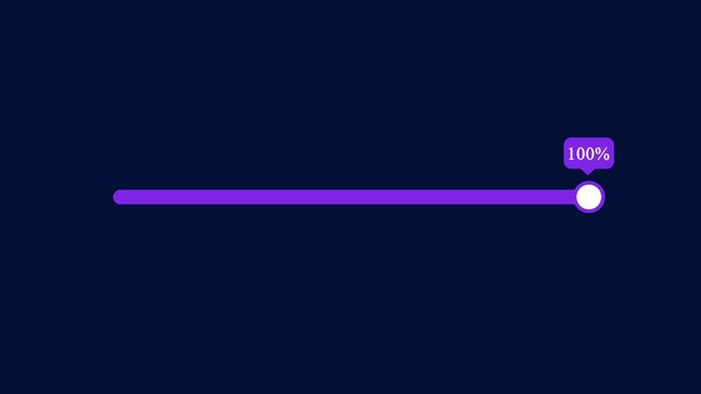 Motion graphic of a purple progress bar slider with a circular knob reaching 100 percentage completion on a dark navy background, depicting full loading, completion status, or maximum volume adjustmen