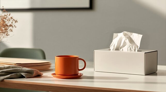 Student Wellness Resource Table with Tea Mug and Tissue Box