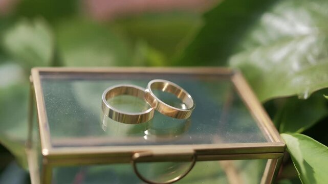 Two gold wedding rings resting on a glass ring box against a blurred green natural background