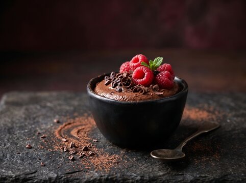 Rich Chocolate Dessert Bowl Topped with Fresh Raspberries, Strawberries and Chocolate Shavings on Rustic Dark Background