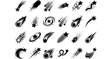 Set of black and white shooting star and falling comet icons featuring various styles of cosmic trails and celestial movement patterns © Gous