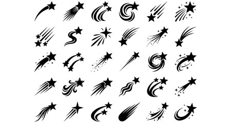 Set of black shooting star and falling comet silhouette icons with celestial motion trails isolated on white background © Gous