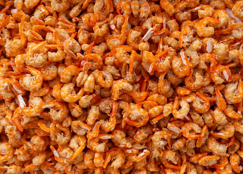 Dried red shrimp piled densely  preserved crustacean seafood
