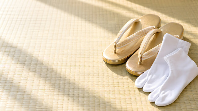 Gold zori sandals and white tabi socks on a sunlit tatami mat