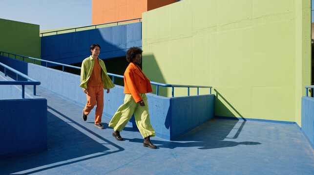 Vibrant streetwear moment on a deep-blue switchback