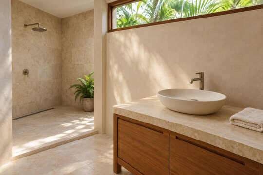 Tropical bathroom with stone vanity, wooden cabinet and clerestory daylight