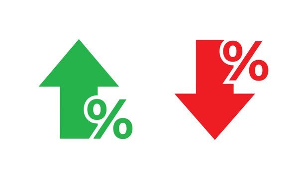Green upward and red downward percentage symbols showing market trends for financial reporting and data analysis visuals.