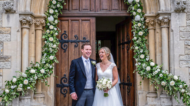 Bride and groom smile outside wooden church door after chapel wedding ceremony. Smiling newlyweds enjoy chapel wedding celebration beside white floral arch decoration at historic church entrance