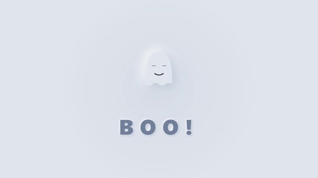 Halloween text animation features cute white ghost and exclamation mark, making minimal artwork for social posts, invitations, greetings, and promotions.