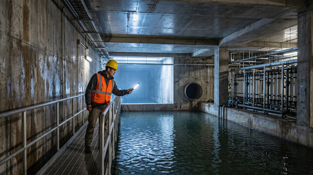 Hydraulic Engineer Reviews Underground Rainwater Storage Vault