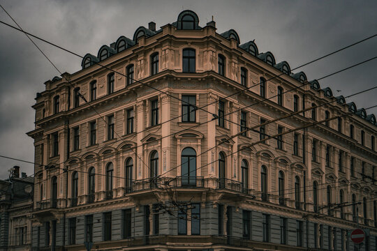 A historic, multi-story European corner building in Riga, Latvia