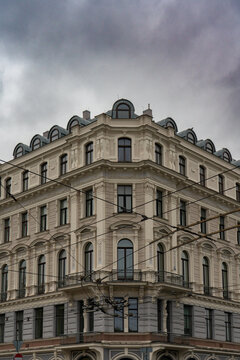A historic, multi-story European corner building in Riga, Latvia
