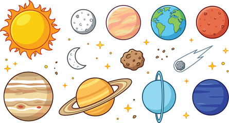 Solar system planet and space vector illustration element set featuring the sun earth mars jupiter saturn comet asteroid moon and cosmic stars © msttaniyaakter