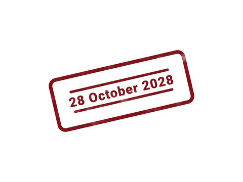 Red vintage date stamp with 28 October 2028 printed on it