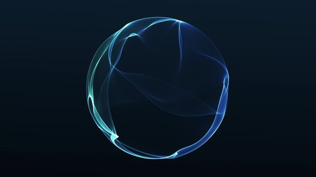 Thin cyan and cobalt ribbons continually reshape the edge of a luminous orb on dark blue. A seamless loop with a clean central area for futuristic titles.
