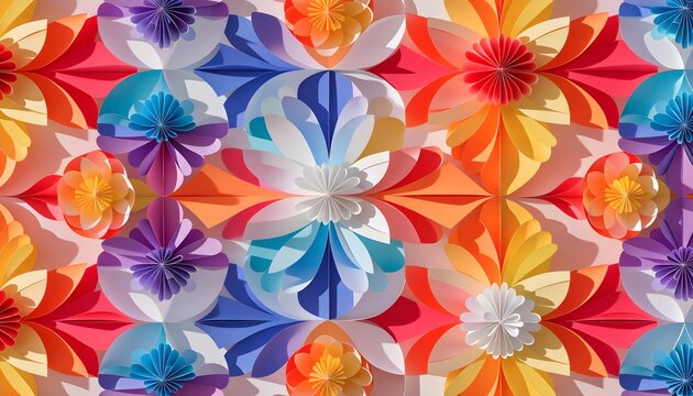 Colorful 3d paper floral pattern on a flat background