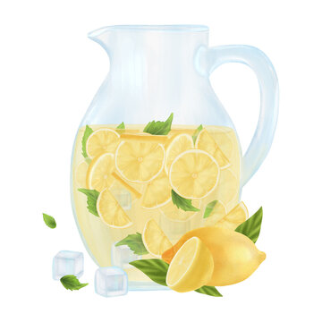 A decanter of cold citrus lemonade. Lemon slices, mint leaves and ice cubes. Watercolor illustration on a white background. For textiles, tableware, and printing.