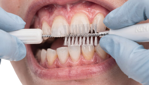 Closeup of hands carefully cleaning a dental abutment area using a nonbranded brush demonstrating safe maintenance technique on a white background.