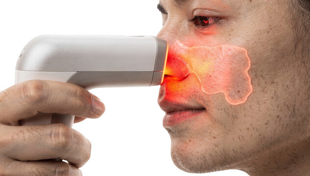 Closeup of a handheld transillumination device emitting light through a cheek to reveal sinus cavity opacity on a clean white background.