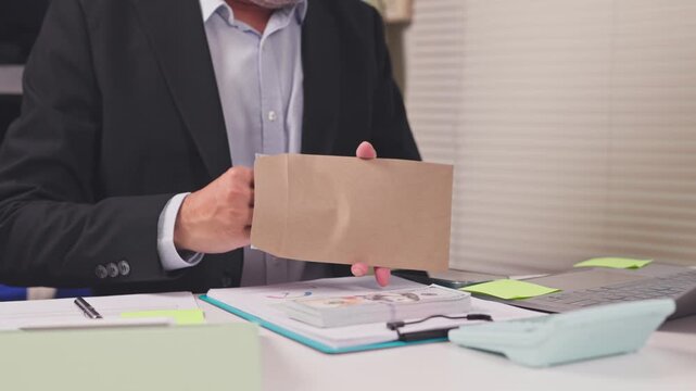Businessman sits at desk opening envelope beside stack cash banknotes near laptop. Corporate bribery investigation, financial fraud audit, illegal kickback payment transaction, corruption scheme.