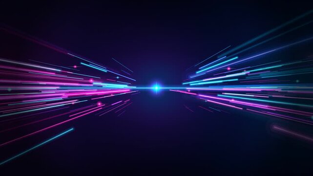 Abstract high-speed neon light trails and hyperspace warp speed motion lines on dark background in 4k loop