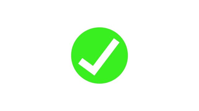 Green check mark approval icon animation, Bright green circular check mark icon on a clean white background, representing approval, success, confirmation, and completed tasks.