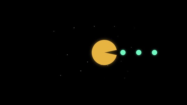 Pacman style character eating a line of glowing dots in space