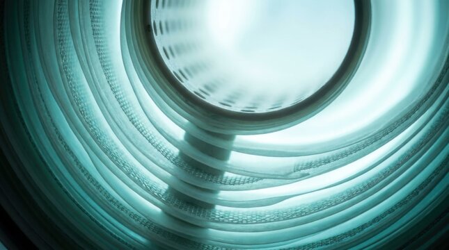 Spiral-wound nanofiltration membrane module showing layered semi-permeable polyamide sheets, mesh feed spacers, and perforated central permeate collector tubes for water treatment.