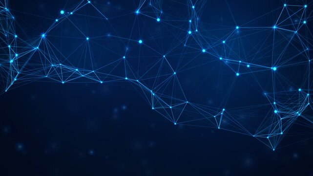 Abstract blue plexus network background with top geometric mesh and bottom copy space in 4k loop