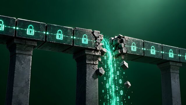 Concept of data breach and cyber security failure showing broken stone bridge with padlock icons leaking digital binary code