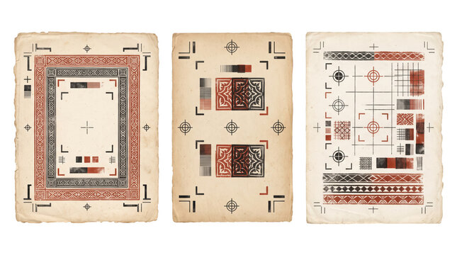 Three vintage paper sheets featuring geometric patterns, registration marks, color swatches, and grid lines in red, black, and beige tones