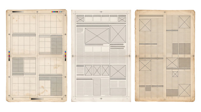 Three vintage-style newspaper layout templates with grid lines, placeholder boxes, and distressed paper texture on a white background