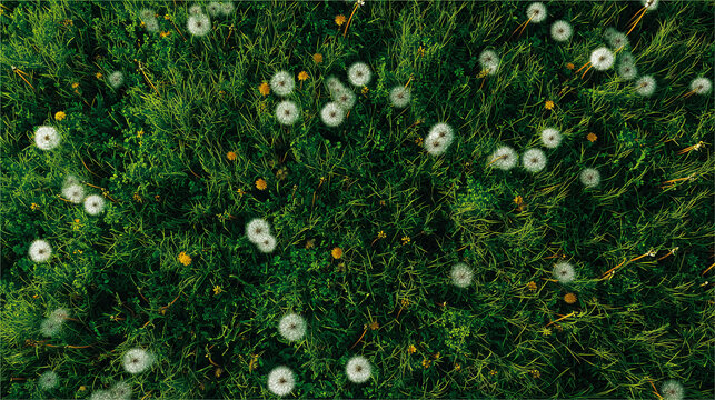 Green grass background with white dandelions
