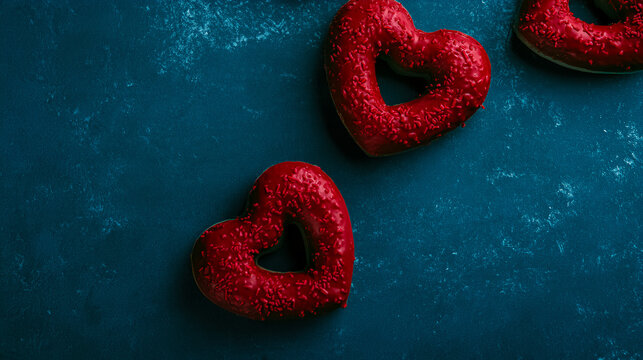 Heart shaped donuts on blue background