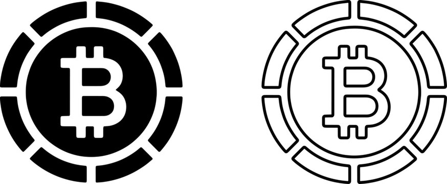 Bitcoin crypto casino chip black flat and outline icon set for online gambling or digital currency payment web use.