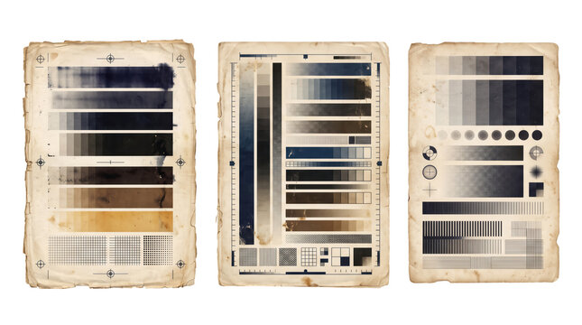 Three aged paper sheets featuring vintage printing calibration charts, grayscale gradients, color bars, and technical registration marks