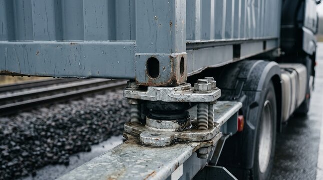 Container chassis coupling detail beside a rail lane