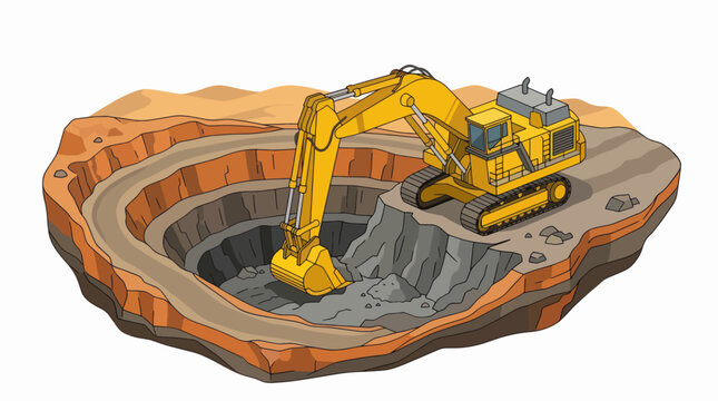 Excavator digging in a large open pit mine construction site.