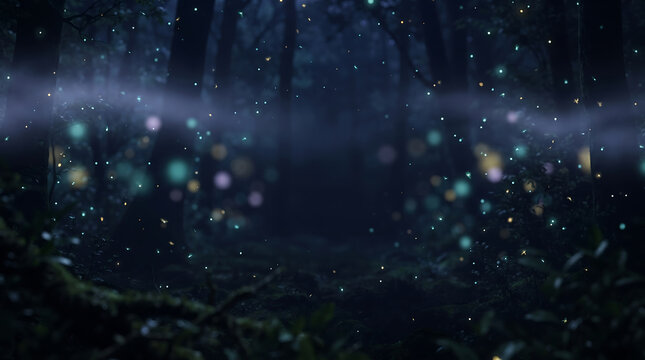Glowing fireflies floating in dark enchanted forest with soft mist and bokeh